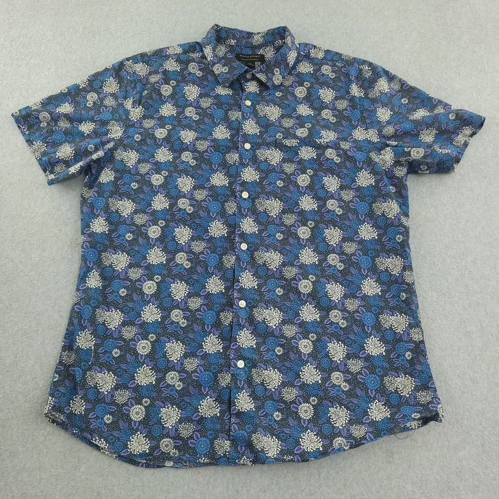 Banana Republic Shirt Mens XL Blue Floral Short Sleeve Button Up Slim Fit